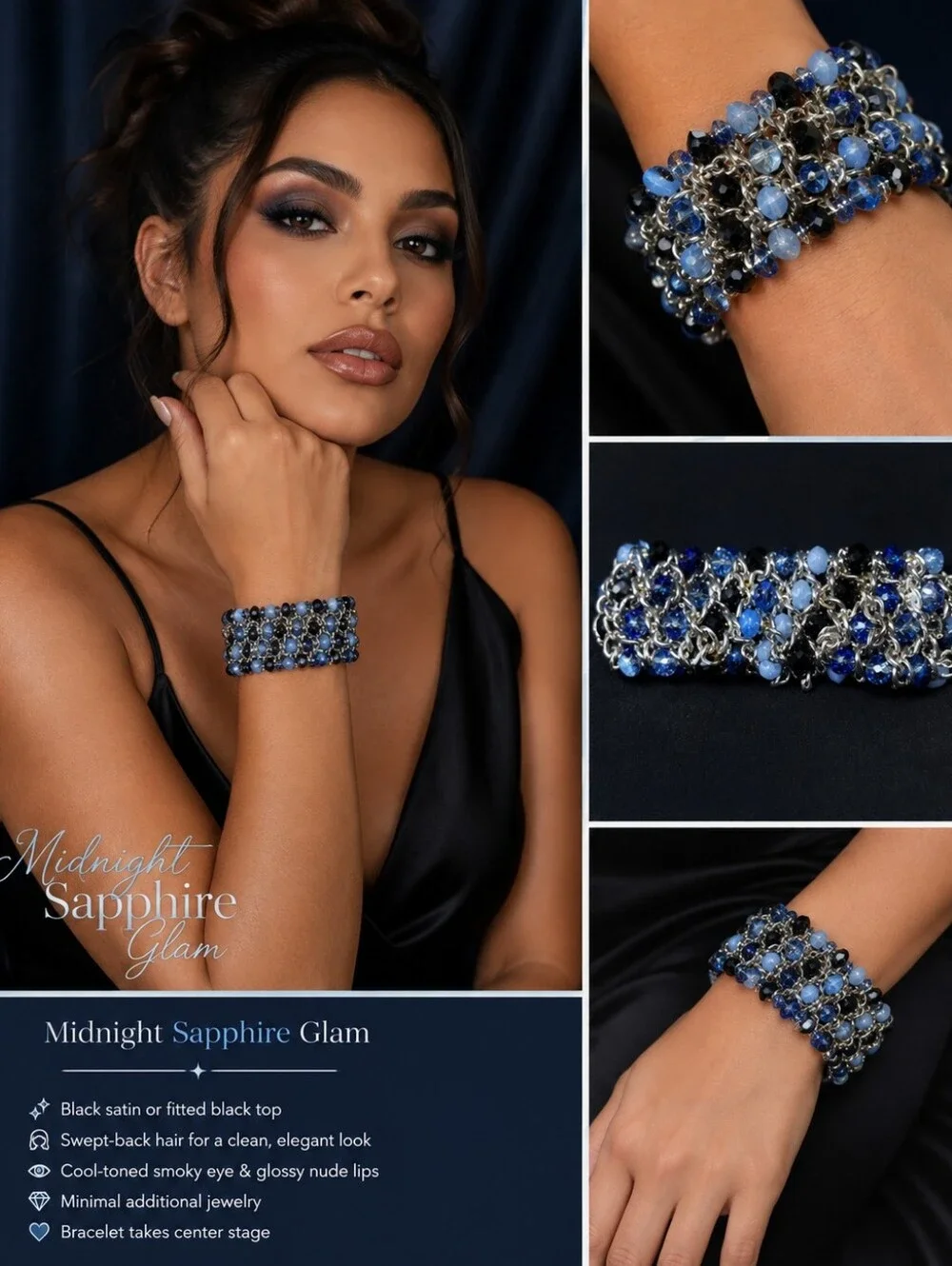 Blue Black Beaded Cha Cha Stretch Bracelet Silver Tone Statement 7
